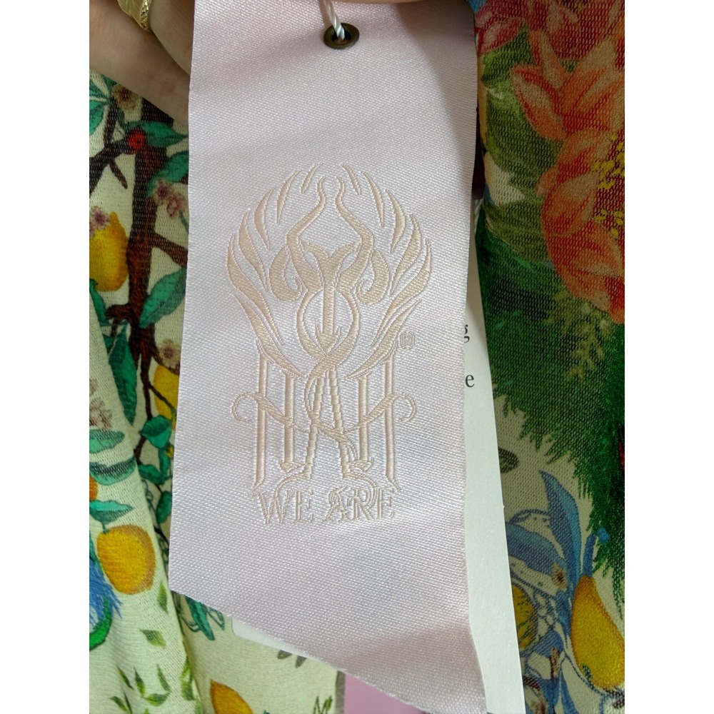 We Are HAH Garden Fruit Floral Mesh Mini Dress Yellow Pink Lace Trim Size Medium - Picture 3 of 5